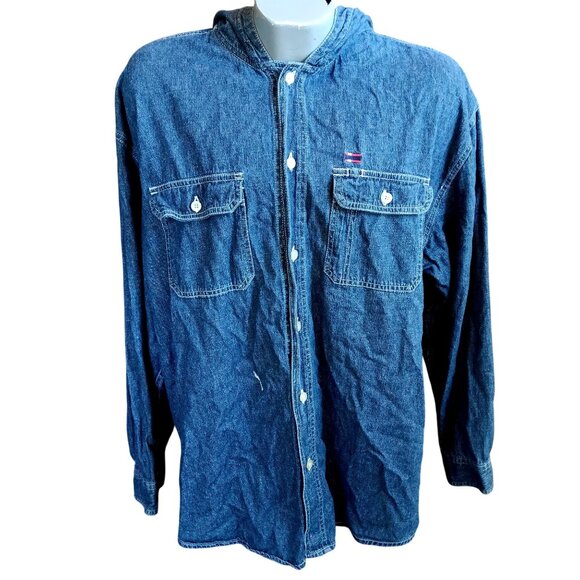 Men's Vtg Hoody Shirt XL Denim Hooded Jacket Bugle Boy Y2K Button-Up Raw Cotton - Picture 3 of 7